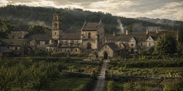 A historic stone monastery surrounded by greenery.