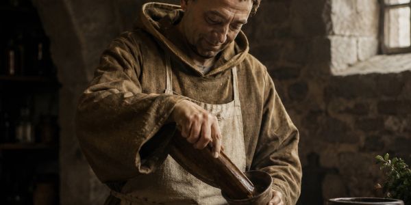 A man in medieval clothing grinding herbs.