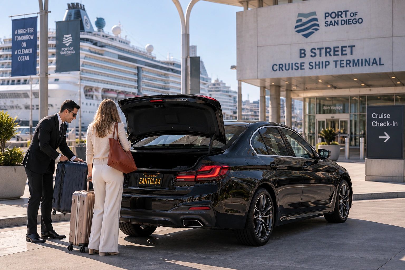 Couple loading luggage into a black car outside San Diego cruise terminal.