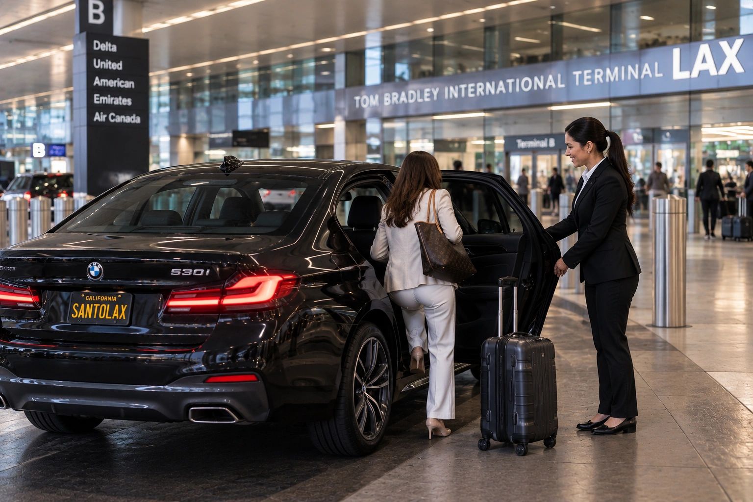 Woman gets into car at LAX international terminal.