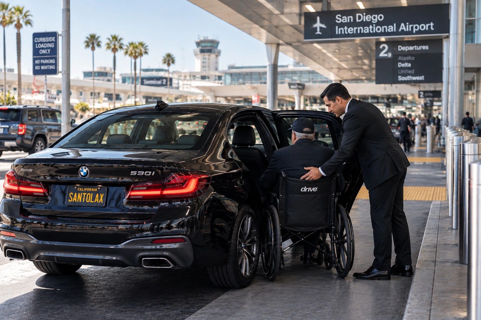 Man helping elderly person in wheelchair into a black BMW at airport.