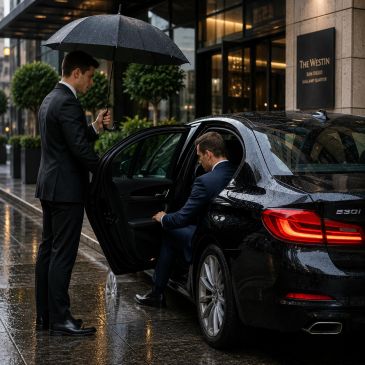 Man entering a car with another holding an umbrella on a rainy street.