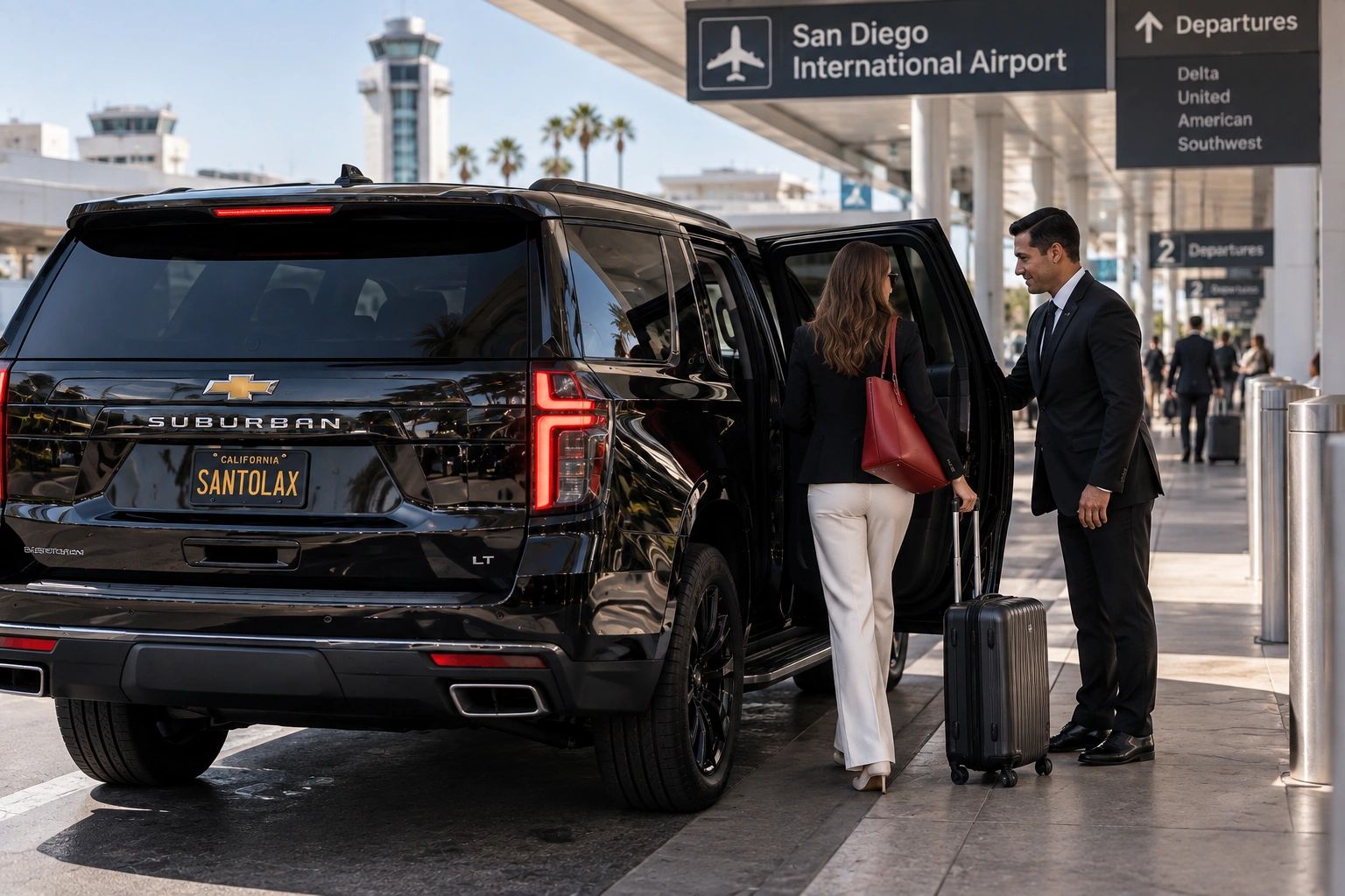 A man opens a car door for a woman with luggage at an airport.