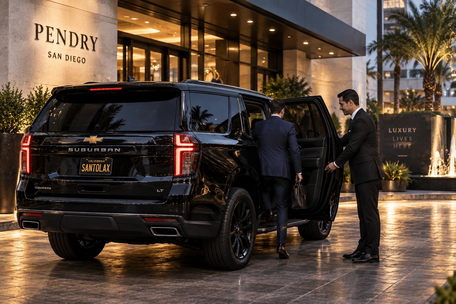 A man is assisted into a black Suburban SUV outside Pendry San Diego.