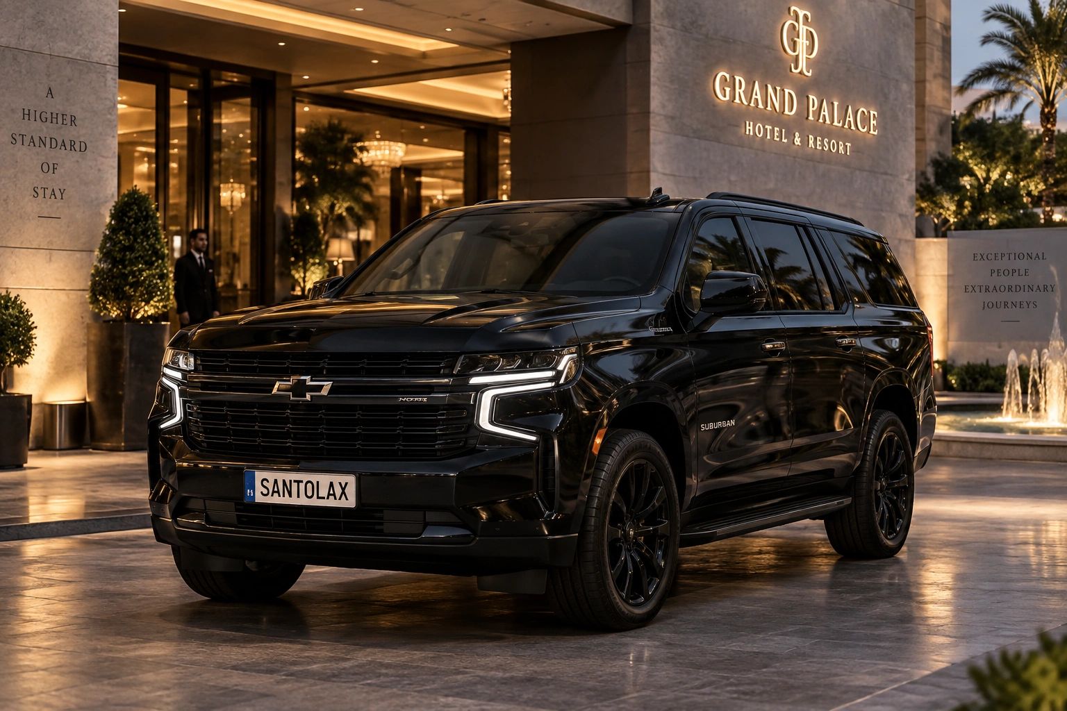 Black Chevrolet Suburban parked outside a luxury hotel.