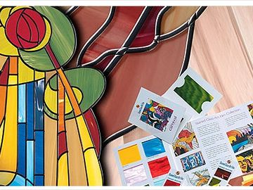 Overlay materials in self adhesive lead strip and color film to manufacture simulated art glass.
