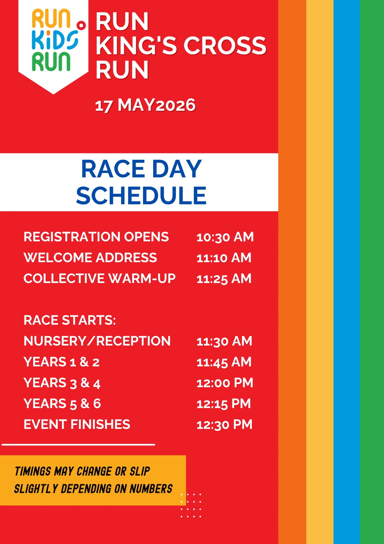 Run King's Cross Run event schedule for May 17, 2026, with registration and race times.