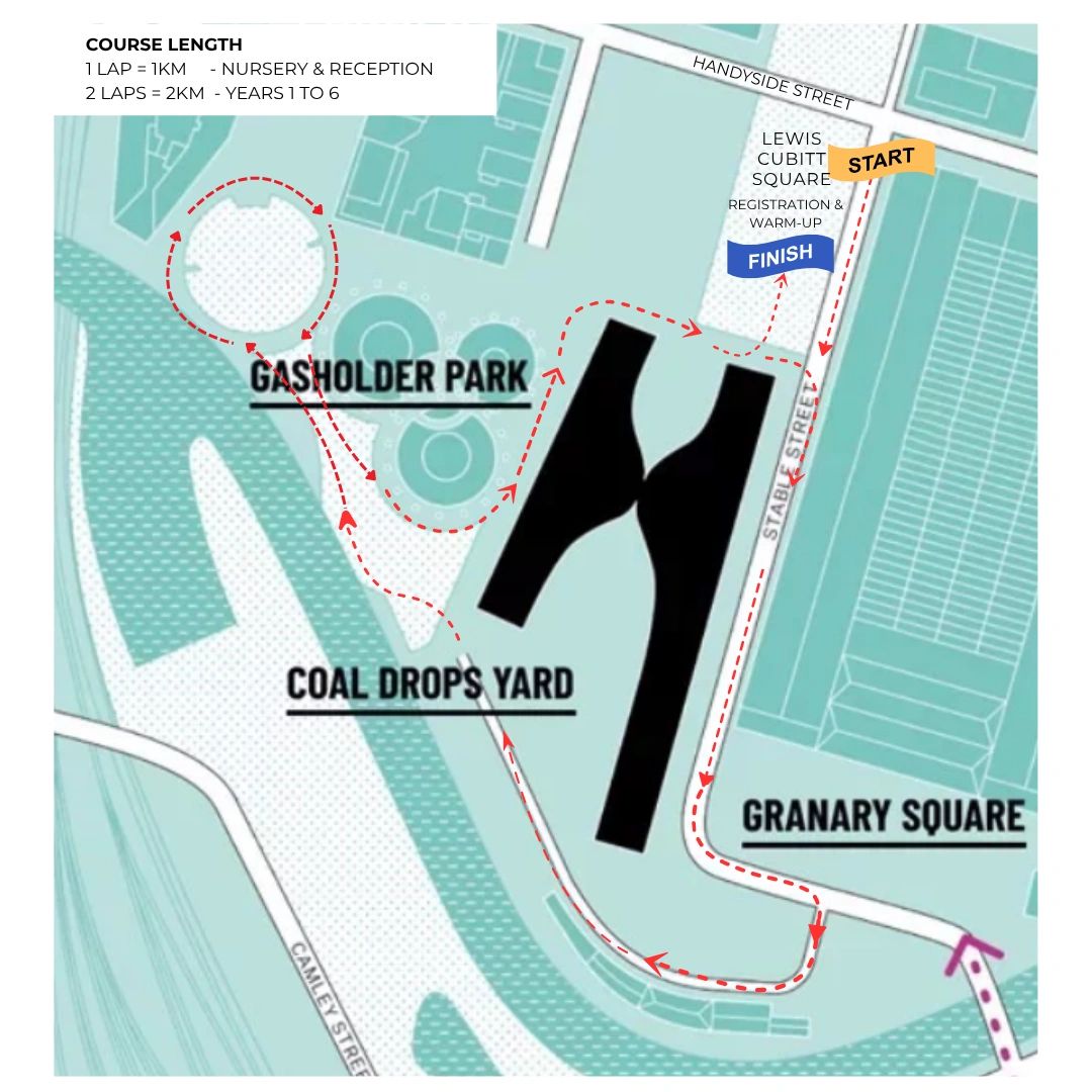 Map showing a 1km and 2km running course through Gasholder Park and Coal Drops Yard.