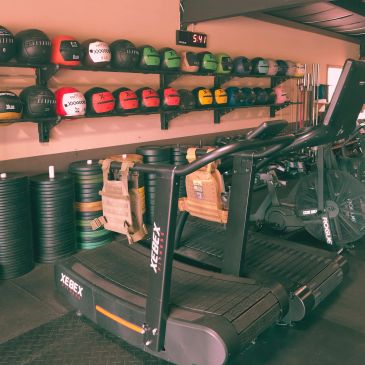 A gym corner with treadmills, kettlebells, and weight plates neatly arranged.