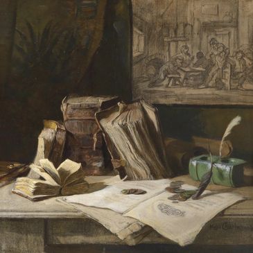 Still life with old books, coins, and quill pen.