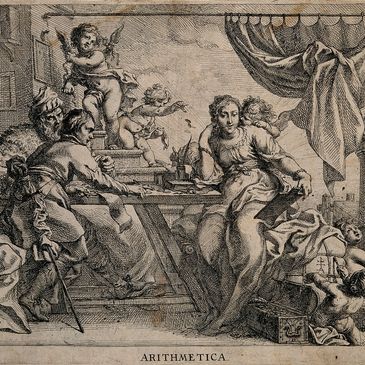 Engraving titled 'ARITHMETICA' with people and cherubs around a table.