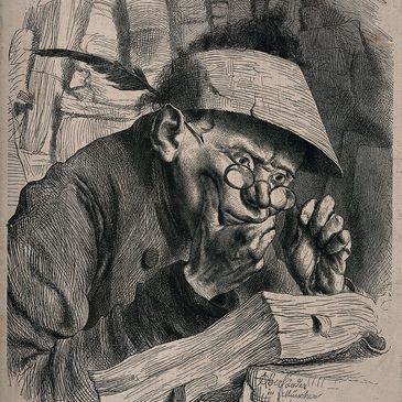 Drawing of a man reading a book with intense focus.