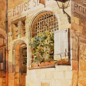 Watercolor painting of a stone building with greenery and a lantern.
