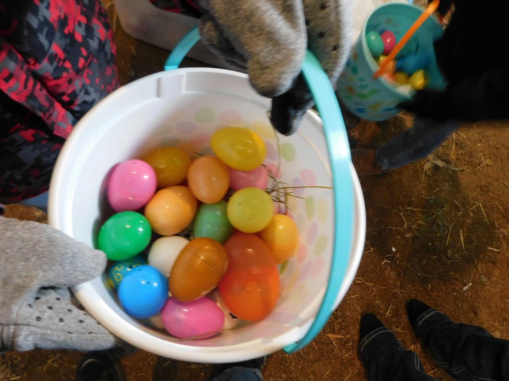 Basket with colorful Easter Eggs in it.