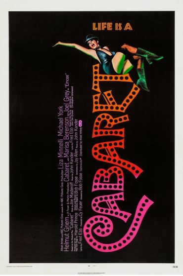 Poster for the musical 'Cabaret' with a dancer and vibrant typography.