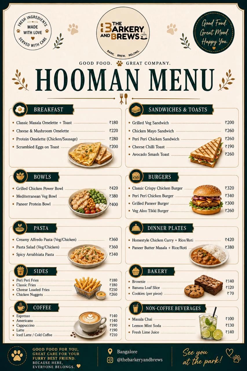 Barkery and Brews Hooman Menu with breakfast, sandwiches, burgers, pasta, sides, coffee, bakery, and beverages.
