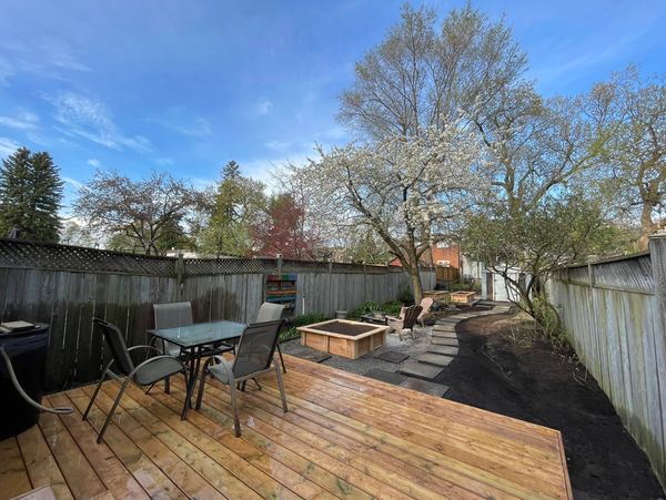 A peaceful backyard with a wooden deck, garden beds, and blossoming trees under a clear blue sky.