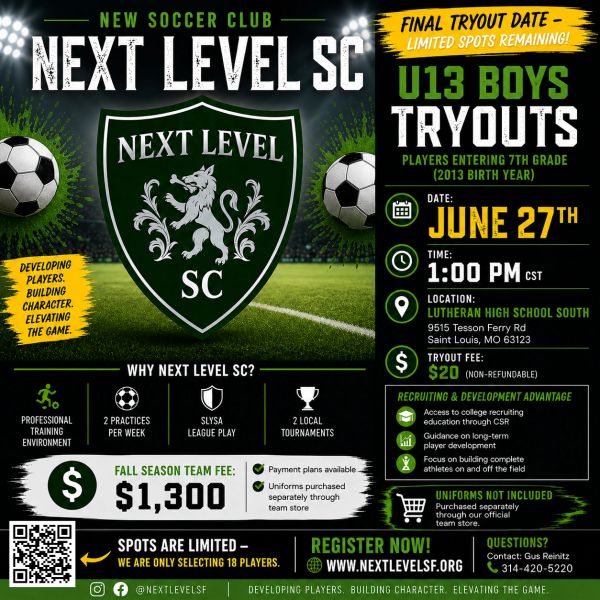 Flyer for Next Level SC U13 boys soccer tryouts on June 27th at Lutheran High School South.