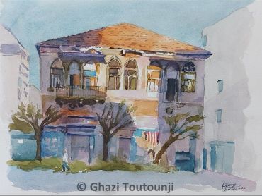 Watercolor painting of an old building with trees in front.