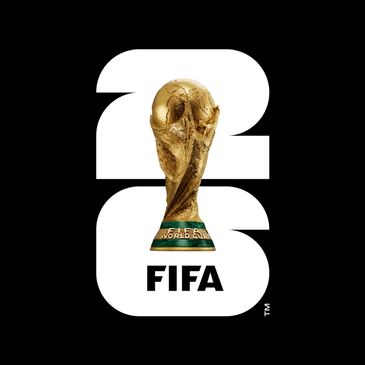 FIFA World Cup trophy with a stylized '2026' design in white on black.