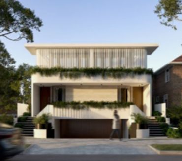 Modern two-story house with greenery and large windows.
