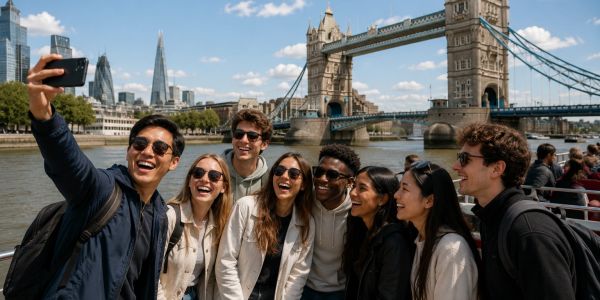 Group selfie with Tower Bridge in London.