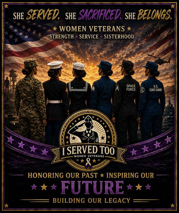 Women veterans from different military branches stand united at sunset.
