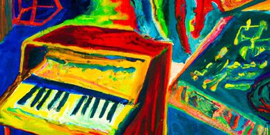 A contemporary painting of production music and background music shows the versatility of music. 
