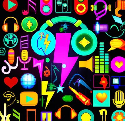 Colorful music icons with a lightning bolt, symbolizing energy and creativity in music licensing. 