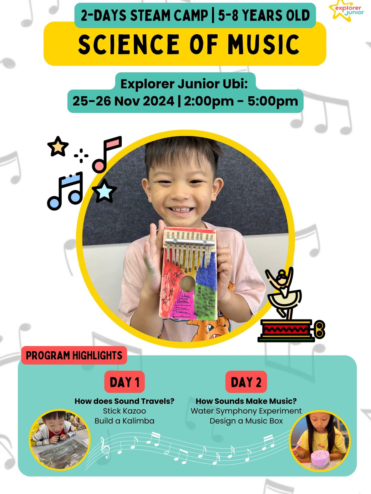 Kalimba for kids. STEM Hands-on activities. Clockwork music box. Science experiments
