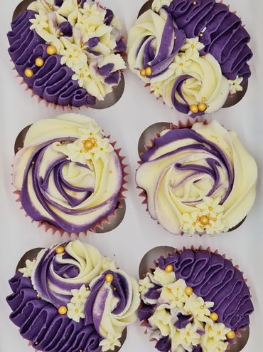 Salted caramel cupcakes in a pretty purple and cream colour scheme 