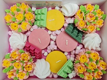 Mother's day treat box with cupcakes, original brownie 'tealights' and Belgian chocolates.