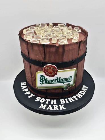 A Pilsner Urquell Beer Barrel Cake 