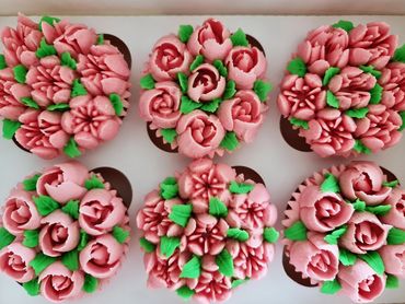 Chocolate cupcakes with Salted Caramel buttercream, piped in a beautiful pink floral display