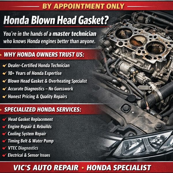 Vic's Auto Repair specializes in various Honda repairs with certified technicians and over 10 years of experience.