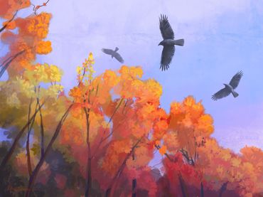 crows circling around Autumn trees