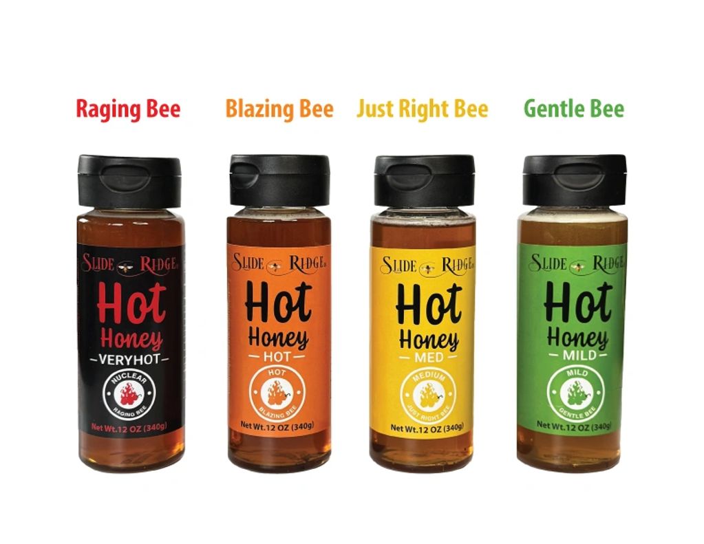 Discover all four levels of Slide Ridge Hot Honey in our 12 oz collection.  