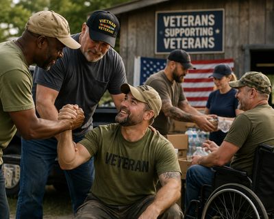 Veterans warmly greet each other at a support event with an American flag backdrop.