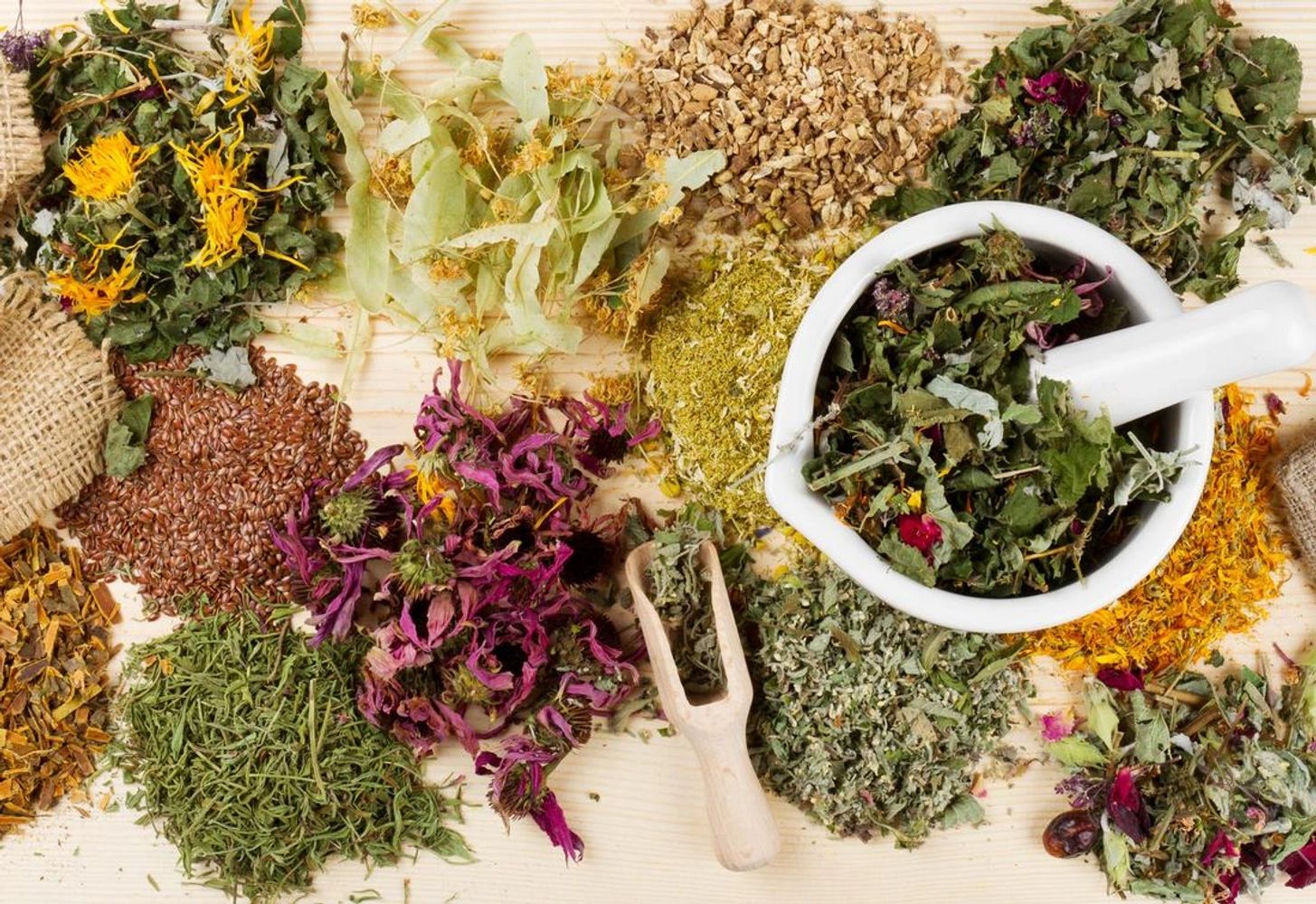 Loose herbs like Calendula, Linden, Flax, Nettles, Ashwagandha, Red Clover, Arnica.