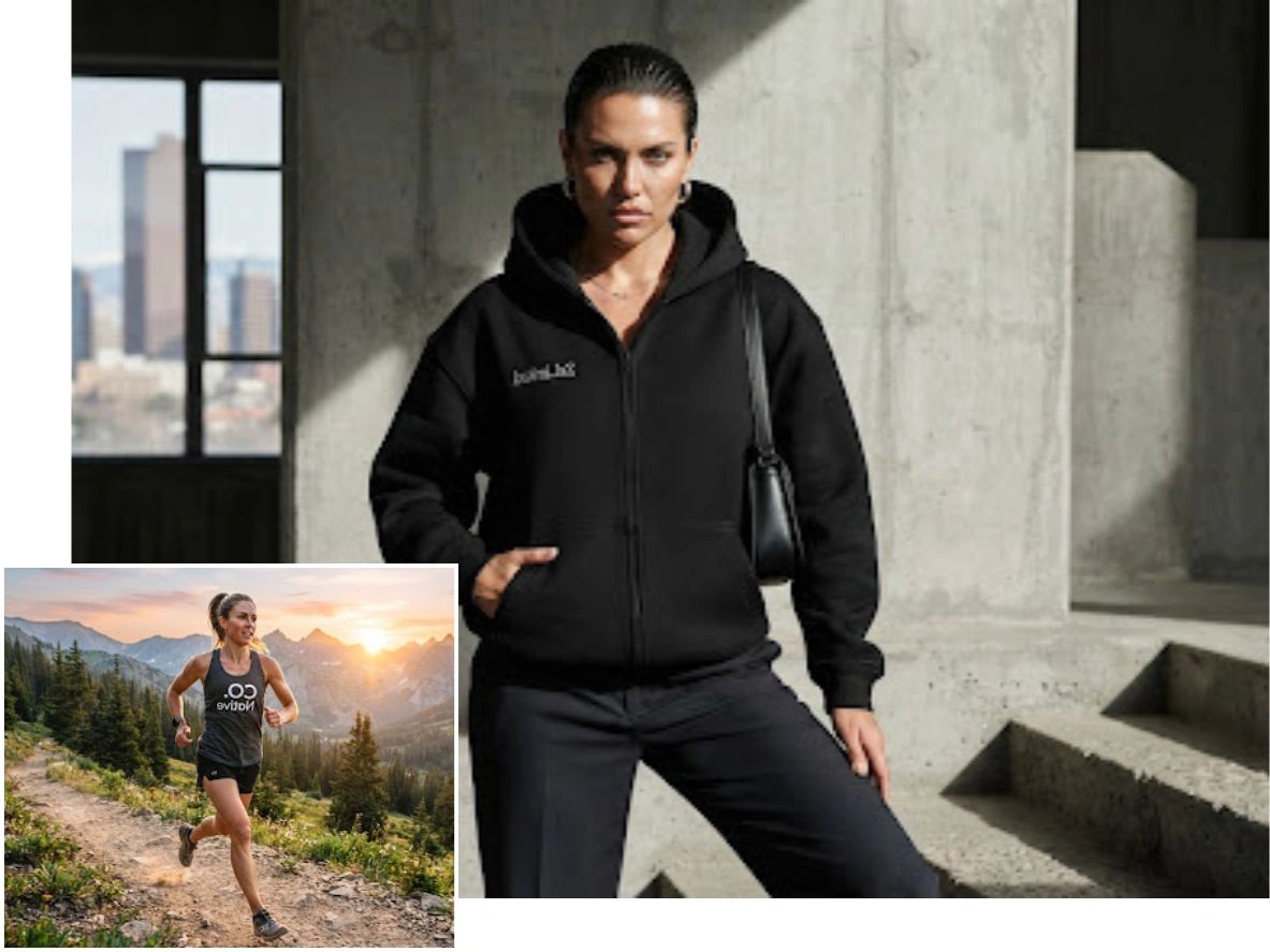 Stylish woman in black hoodie and runner outdoors on mountain trail.