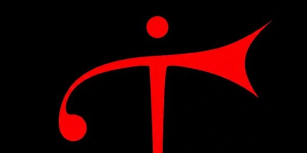 Abstract red symbol resembling a stylized musical note on black background.