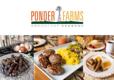 three photos of Ponder Farms Breakfast Sausage in an ad
