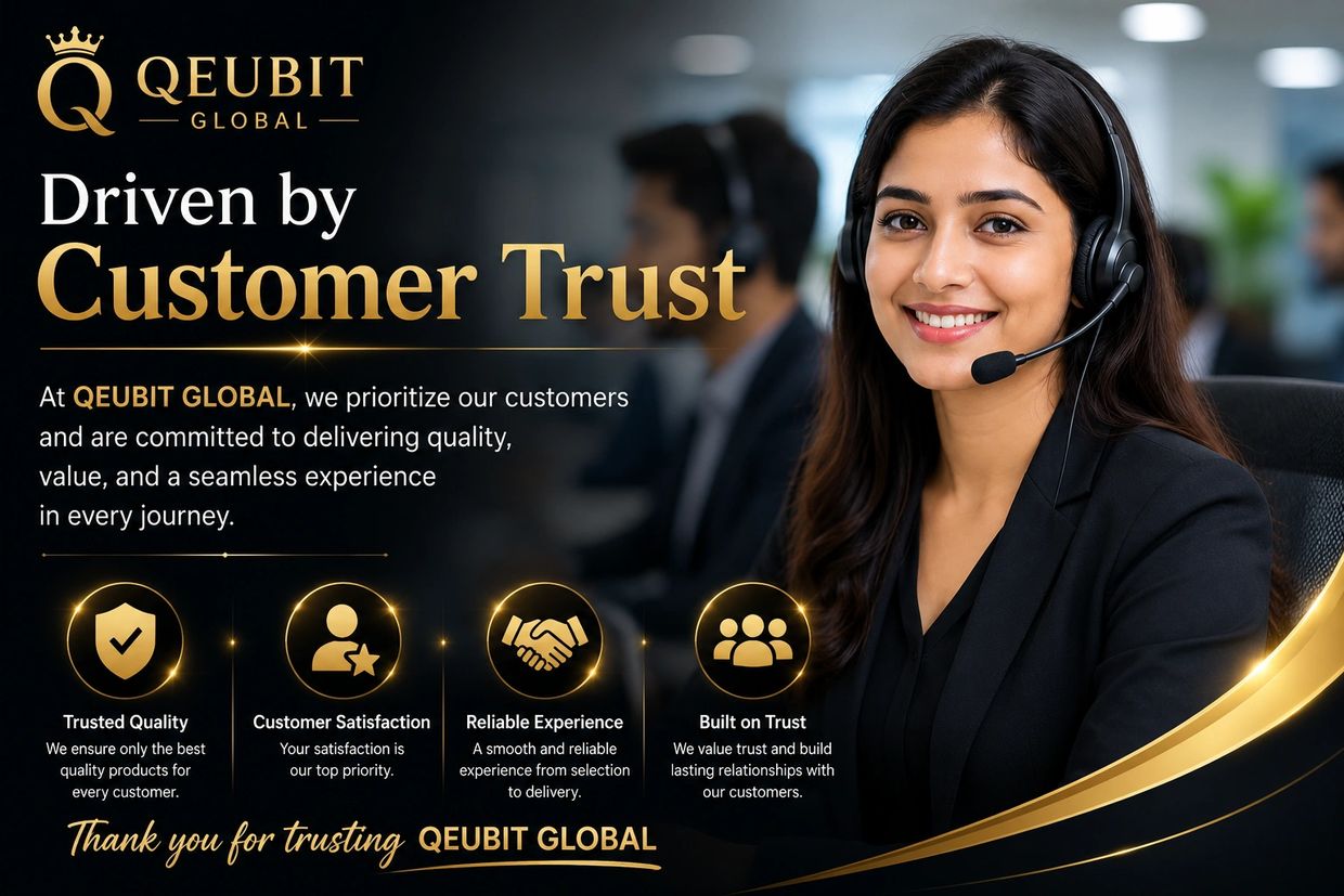 Customer service representative smiling with trust-focused Qeubit Global message.