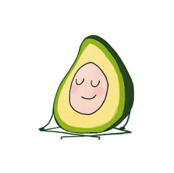 A cartoon avocado with a peaceful, smiling face.