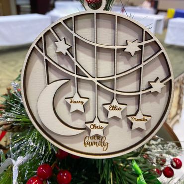 Laser cut and engraved Christams tree decorations