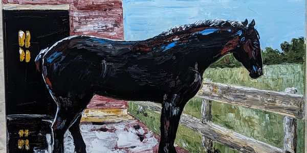 An acrylic, contemporary painting of a Percheron standing at a fence on wet pavement in front of a b