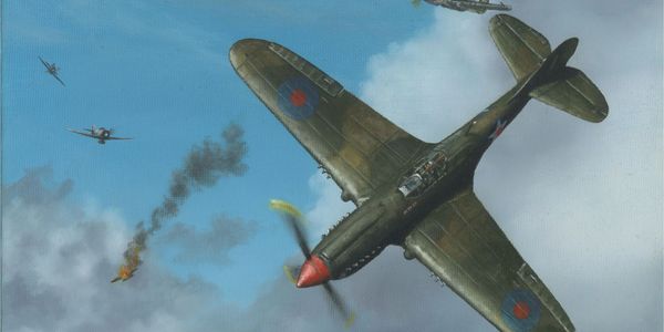 World War II depiction of a Curtiss P-40 Warhawk in aerial combat. 