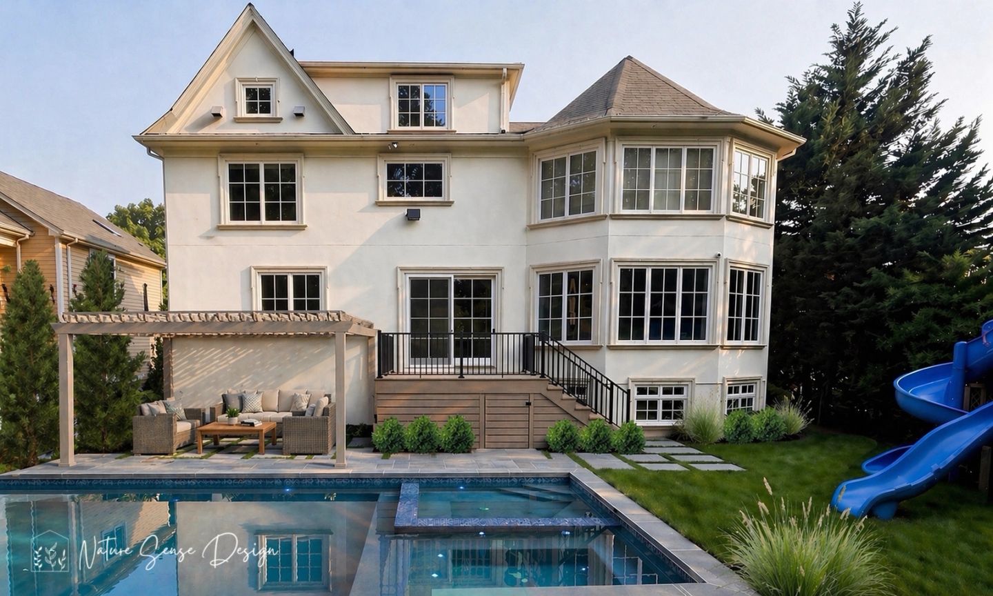 A completed front yard with layered foundation planting and a clear stone walkway