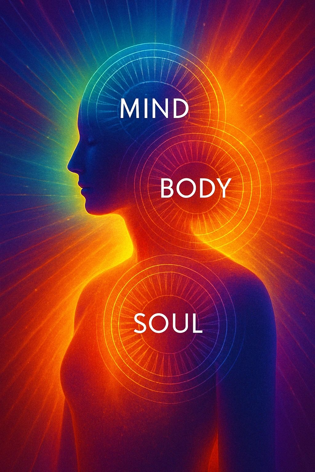 Silhouette highlighting mind, body, and soul connection with radiant colors.