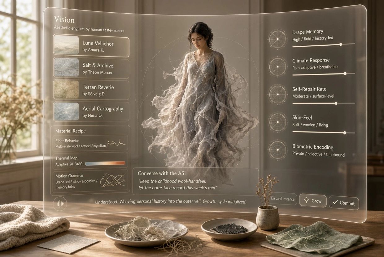Futuristic interface displaying fabric design choices with a woman modeling a delicate garment.
